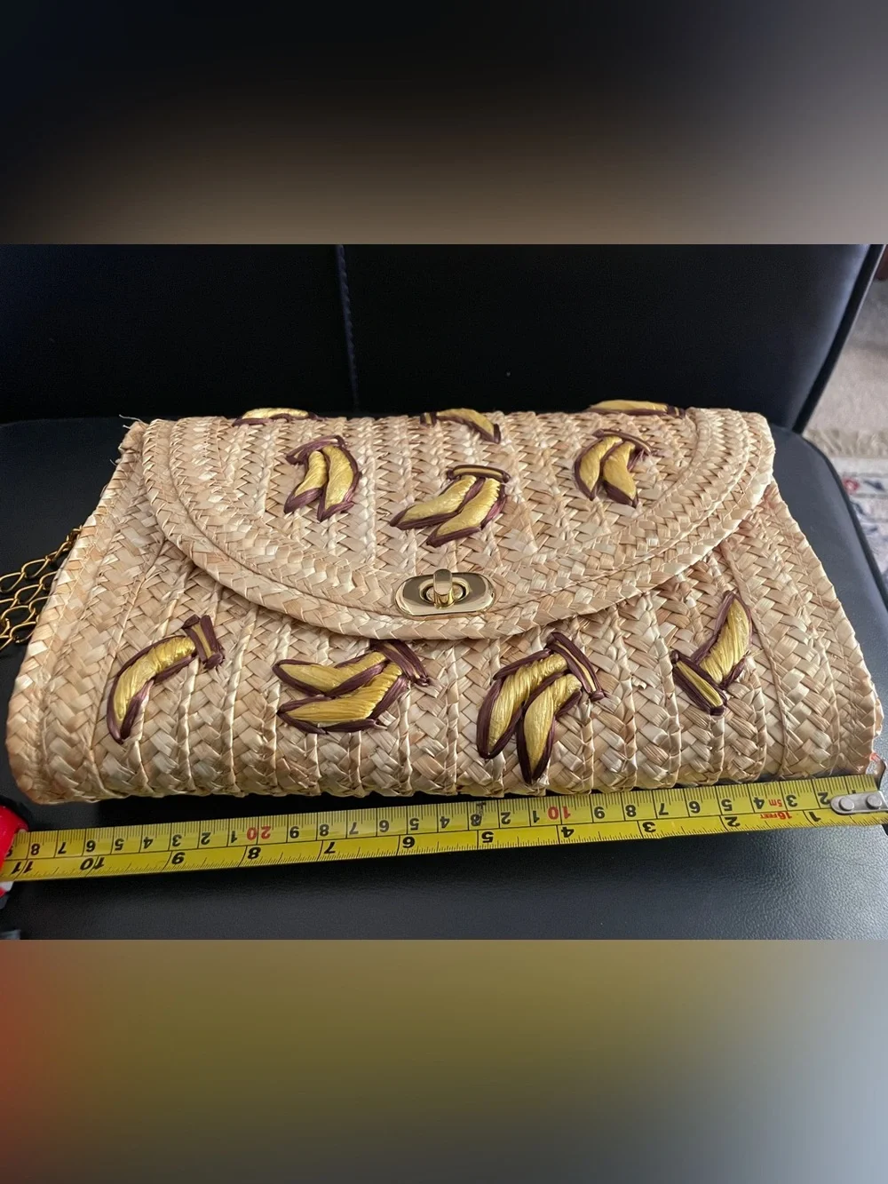 Woven Straw Banana Embroidered Shoulder Bag Natural gold tone chain kawaii pinup